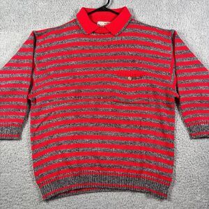 Vtg Hollywood & Vine Red Gray Striped Mock Neck Sweater Button Detail Women's‎ L